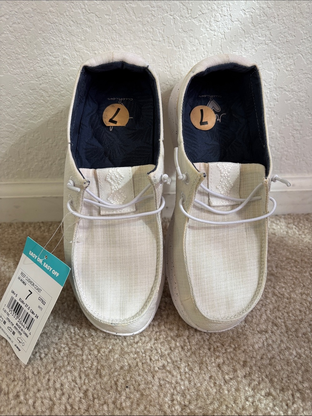 Reef Women's Slip-On Flats in White with Navy Lining
